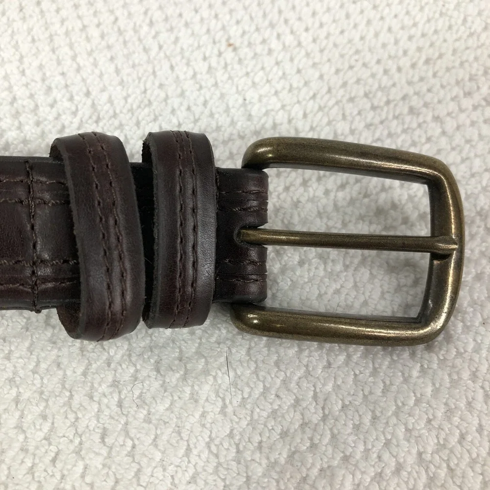 Genuine leather dress belt men's 38-42 brown‎ brass buckle stitch accent